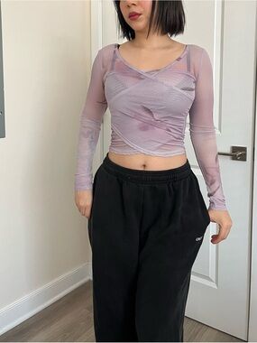 Sheer Lilac Wrap-Front Long-Sleeve Crop Top
